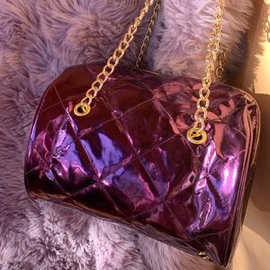 Purple faux leather quilted round satchel purse